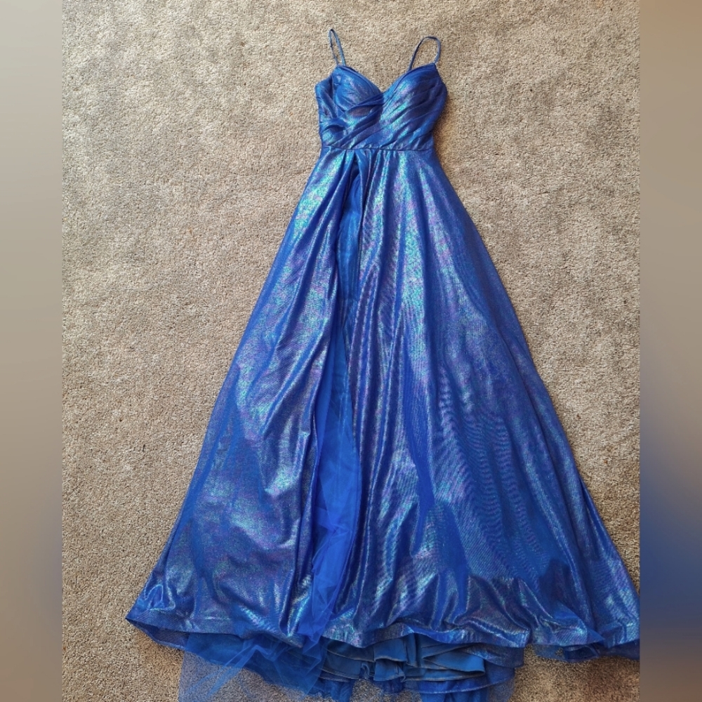 Purple shimmery slit prom dress